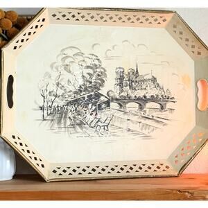 Vintage 1950s Nashco Metal Serving Tray - Paris Notre Dame Scene - Hand-Painted